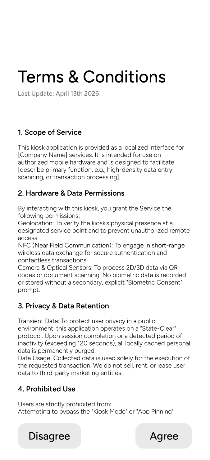 Terminal terms and conditions wireframe
